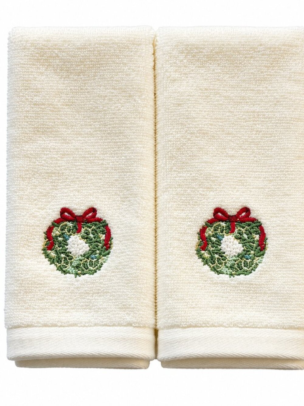 Avanti Christmas Fingertip Towels Embroidered Wreath Holly Set of 2 Ivory